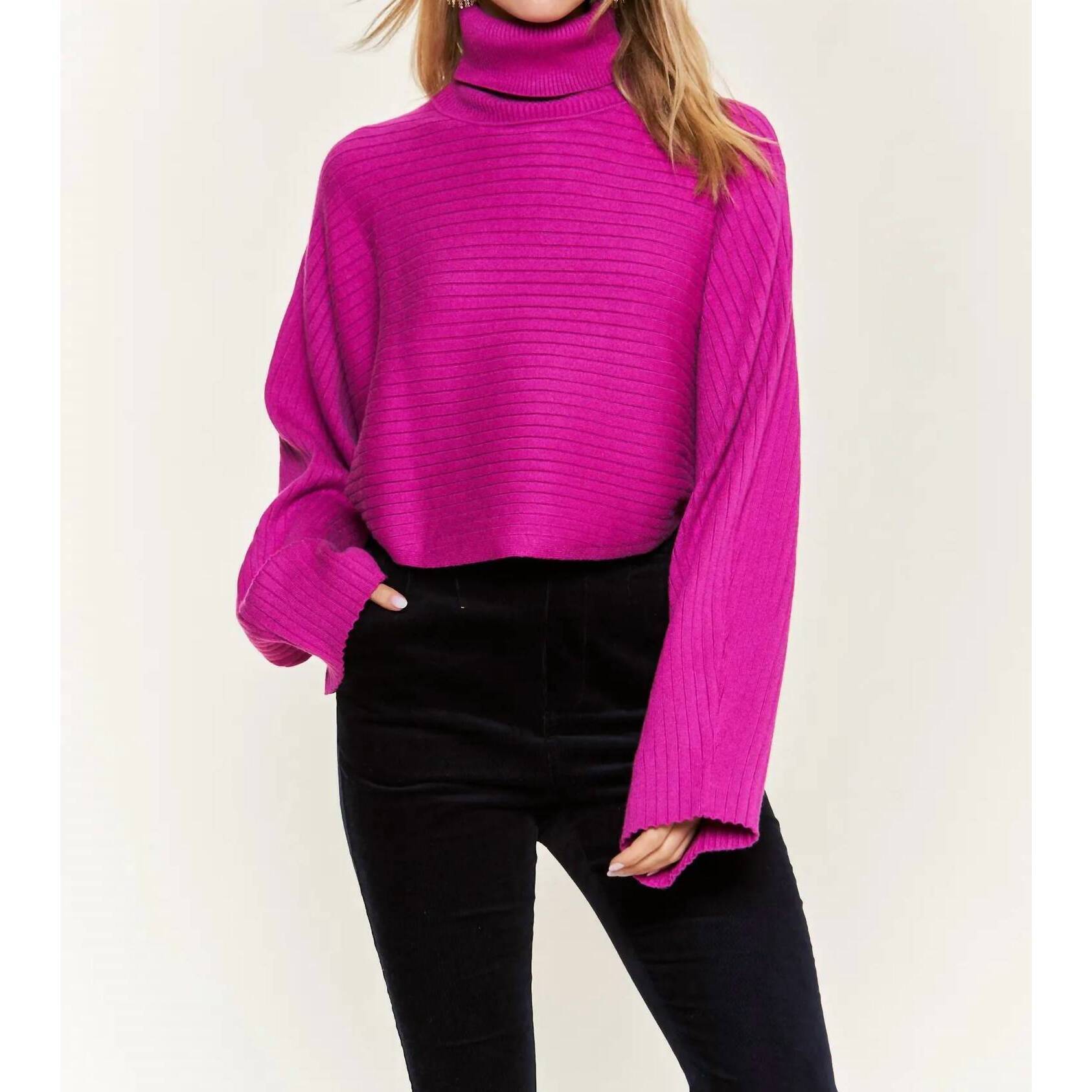 New Jade By Jane Mock Neck Wide Sleeve Top In Fuchsia Pink
